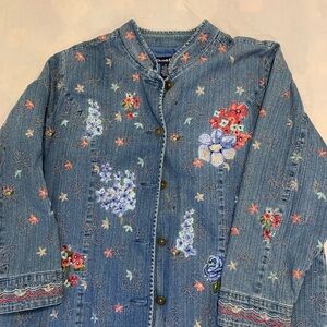 Denim&Co Blue Jean Jacket with Floral Embroidery
